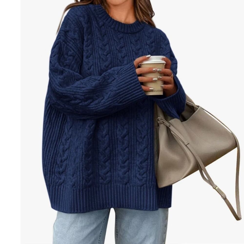 Women's Size XL Oversized Chunky Cable Knit Sweater Navy Blue Crewneck